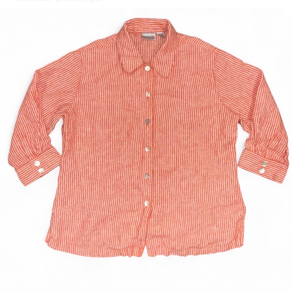 Chicos Linen Button Up Shirt Blouse Size 2 Large Coastal Beachy Stripes Classic